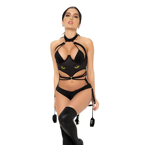 1 pc Cat Girl Bodysuit w/Attached Wrist Straps Black L/XL - Costumes