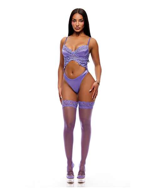 See It Through Guipure Teddy Set w/Stockings, Purple MD