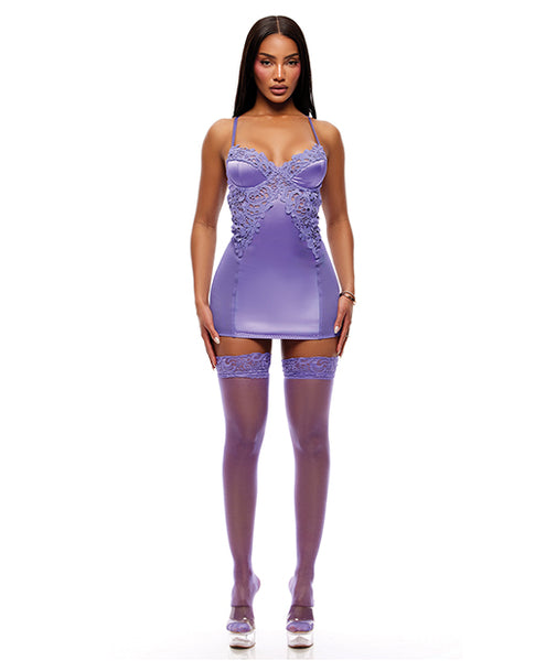 See It Through Guipure Lace Chemise w/Thong & Stockings, Purple LG