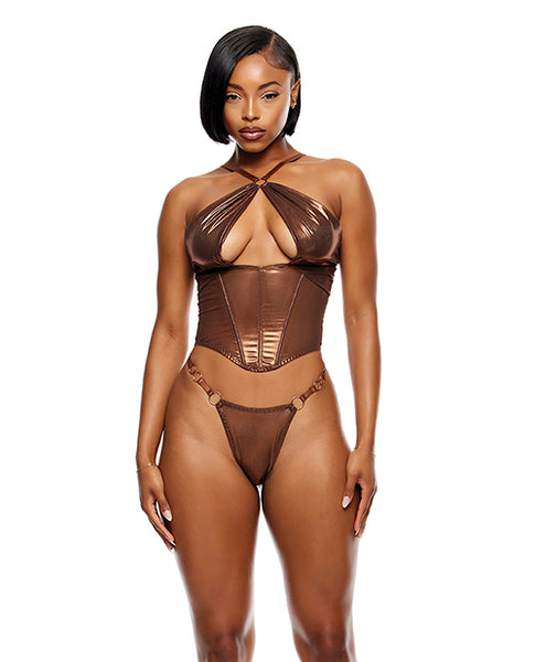 Liquid Metal Metallic Mesh Bustier w/G-String 2 pc Set, Metallic Copper SM
