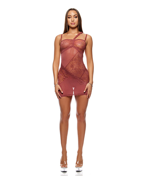 Patch of Petals Sheer Mesh and Lace Chemise w/Thong 2 pc Set, Mauve MD