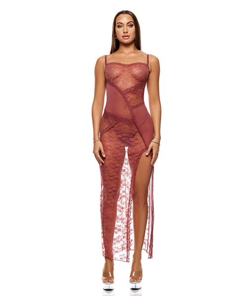 Patch of Petals Sheer Mesh and Lace Gown w/Thong 2 pc Set, Mauve LG