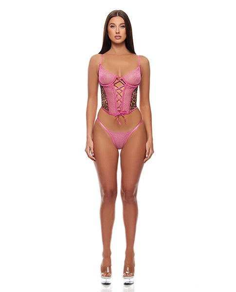 Animal Instincts Mesh Bustier & Panty 2 pc Set, Pink Leopard LG