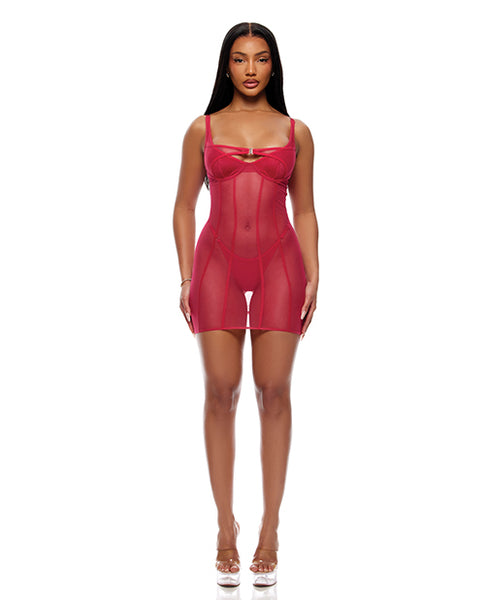 Layers To This Sheer Mesh and Knit Chemise w/Thong 2 pc Set, Pink XL