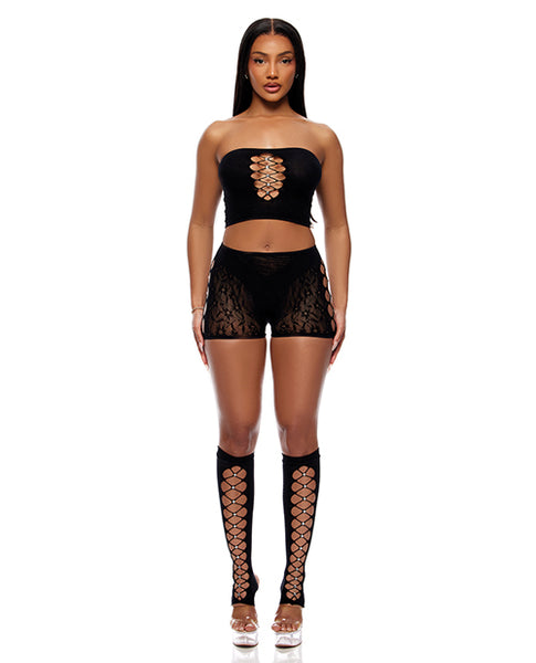 Cross Your Mind Tube Top w/Boy Short & Open Toe Socks Bodystocking, Black QN