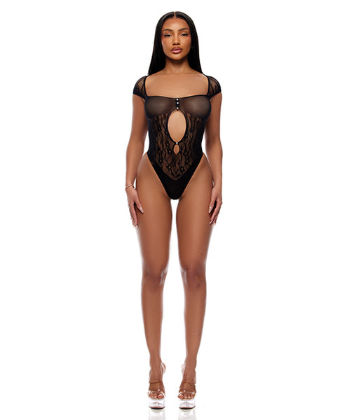 Cross Your Mind Seamless Teddy w/Rhinestone Accents, Black O/S