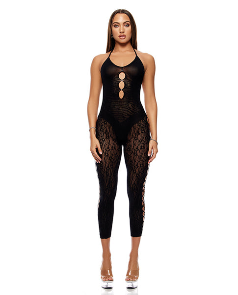 Cross Your Mind Capri Floral Knit Bodystocking w/Rhinestone Details, Black O/S