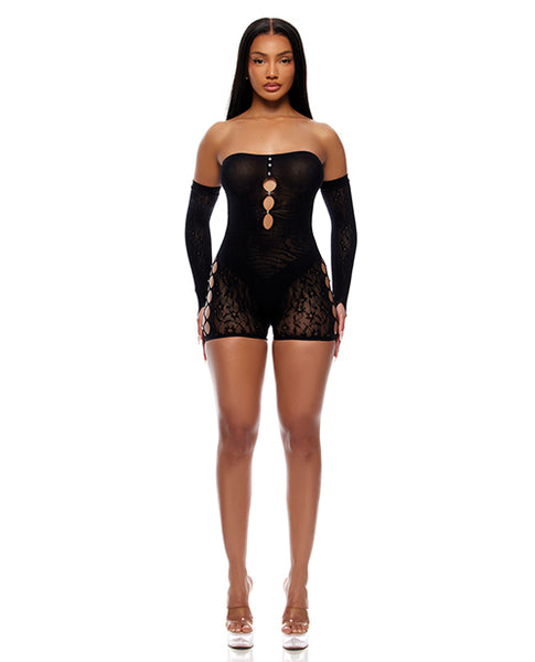 Cross Your Mind Romper Bodystocking w/Rhinestone Details & Gloves 2 pc Set, Black O/S