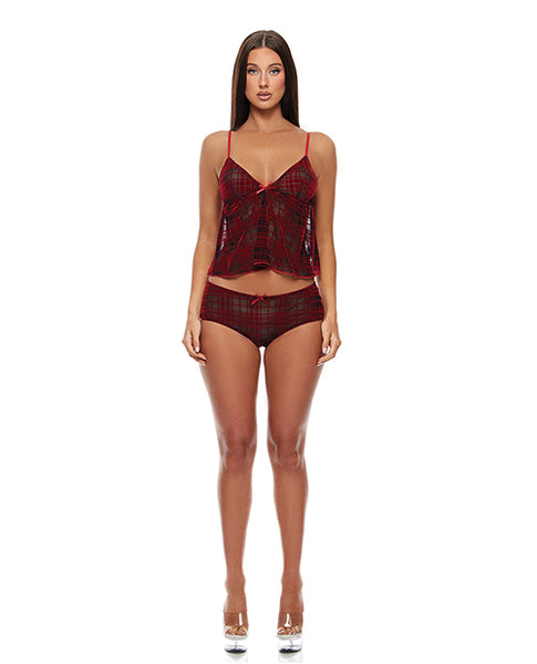 Velvet Lines Mesh Cami & Boy Short 2 pc Set, Red/Black SM