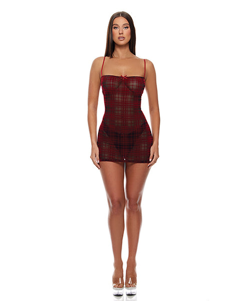 Velvet Lines Mesh Chemise & Thong 2 pc Set, Red/Black SM