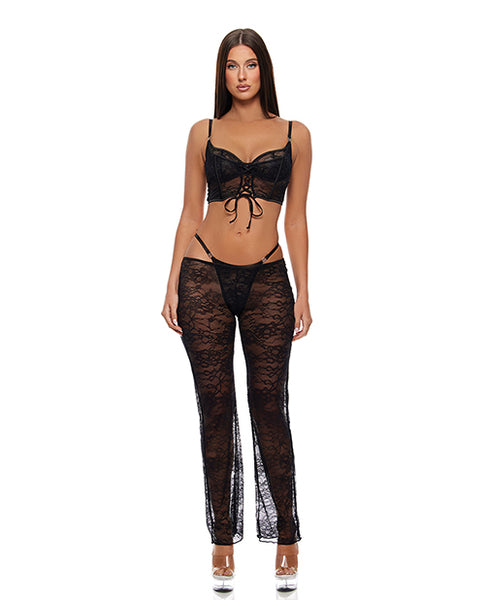 Layer of Seduction Lace Bra, Thong, & Pants 3 pc Set, Black LG