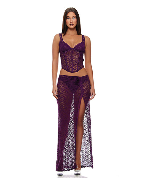 Feel Me Lace Bustier, Panty, & Skirt 3 pc set, Purple SM