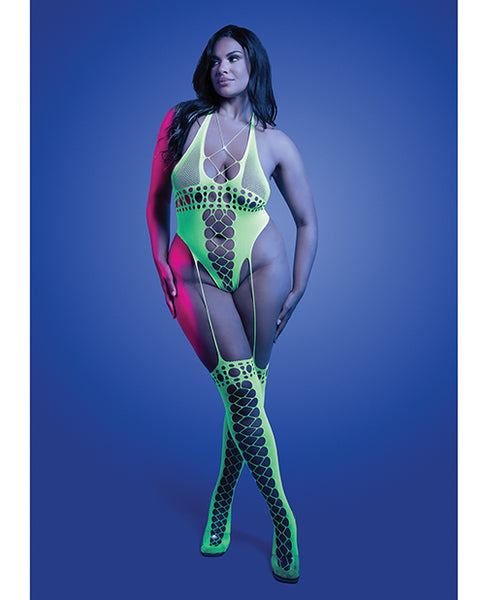 Paradigm UV Reactive Halter Teddy Bodystocking, Neon Green QN