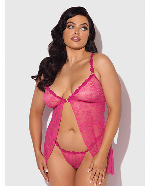Yvone Lace Babydoll w/Front Closure & G-String 2 pc Set, Pink 1X/2X
