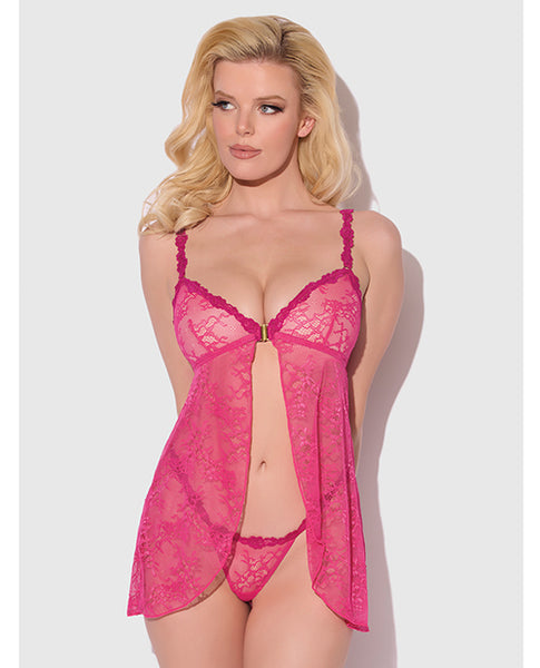 Yvone Lace Babydoll w/Front Closure & G-String 2 pc Set, Pink SM