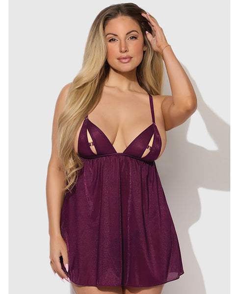 Yasmine Shimmer Mesh O-Ring Slit Cup Babydoll & G-String Set, Burgundy 3X/4X