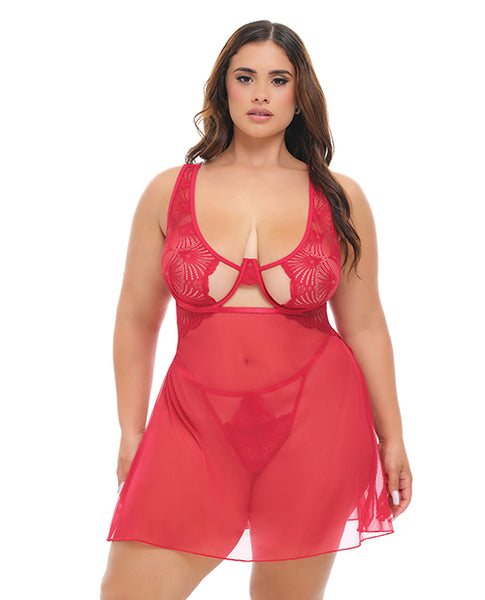Tiana Lace Babydoll w/Side Slits & Strap Details, Red 1X/2X