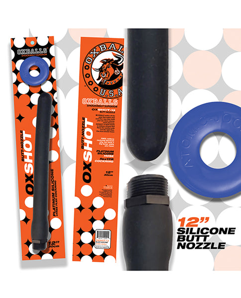 Oxballs Oxshot 12" Silicone Butt Nozzle w/Flex Cockring, Black/Blue
