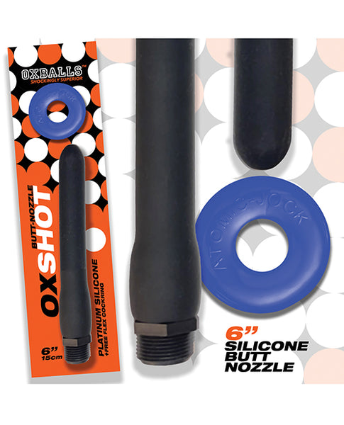 Oxballs Oxshot 6" Silicone Butt Nozzle w/Flex Cockring, Black/Blue
