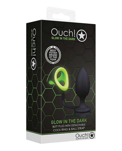 Shots Ouch Butt Plug w/Cock Ring & Ball Strap, Glow in the Dark
