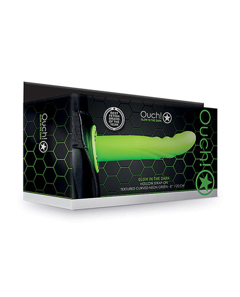 Shots Ouch 8" Textured Curved Hollow Strap On, Glow in the Dark