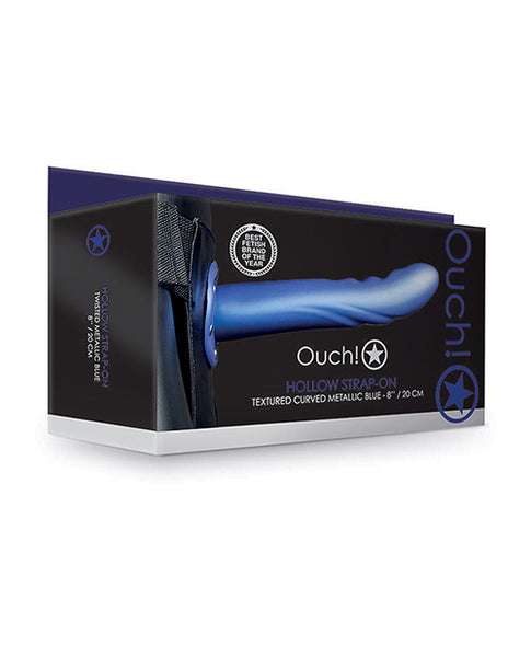 Shots Ouch 8" Textured Curved Hollow Strap On, Metallic Blue