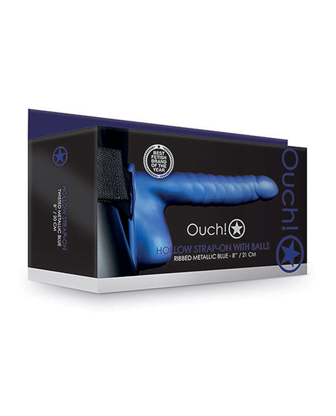 Shots Ouch 8" Ribbed Hollow Strap On w/Balls, Metallic Blue