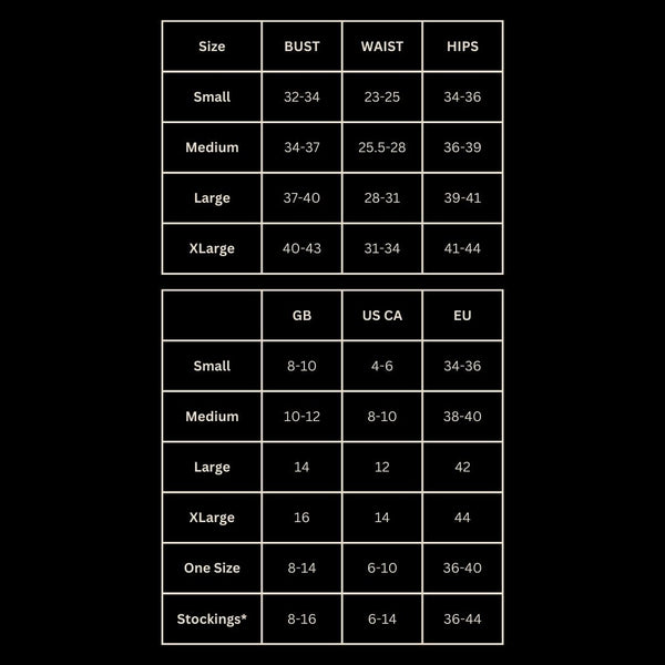 Hollywood Sizing Chart (US CA EU, S M L)