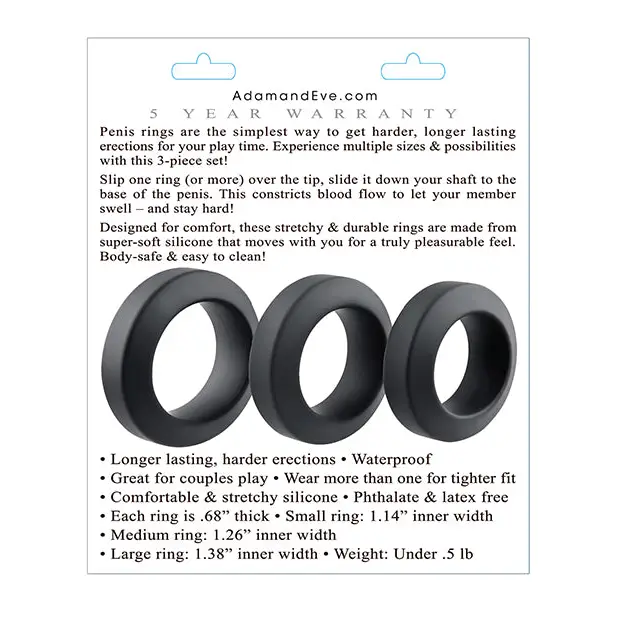 Adam & Eve Adam’s 3 pc Penis Ring Set - Black - Penis Enhancement
