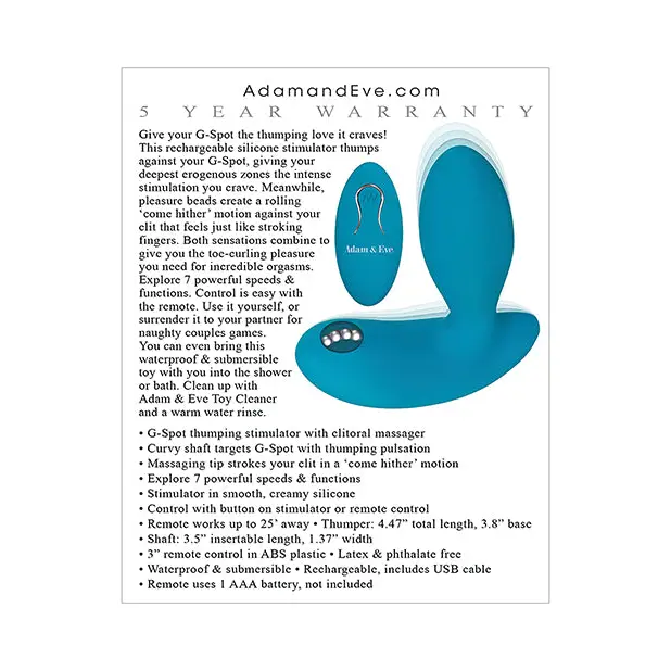 Adam & Eve Eve’s G Spot Thumper w/Clit Motion Massager - Teal - Stimulators