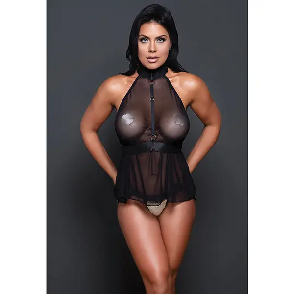 Adore Be My Baby Sheer Mesh Harness Babydoll & Open Panty Black O/S - Lingerie - Packaged