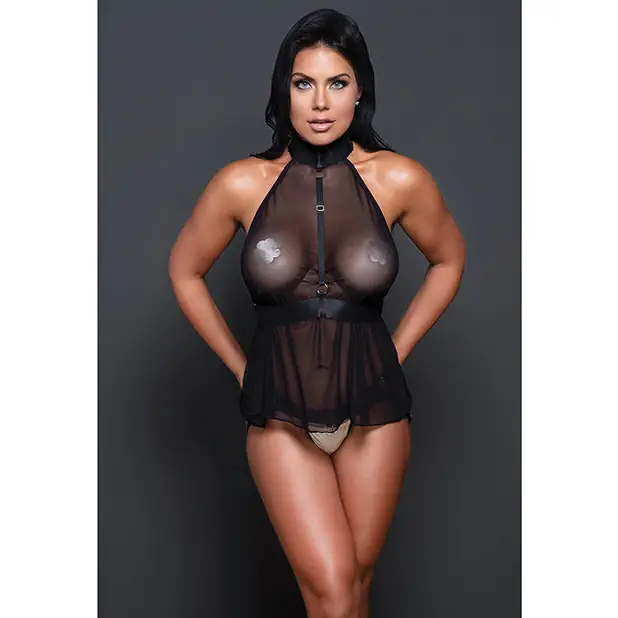 Adore Be My Baby Sheer Mesh Harness Babydoll & Open Panty Black O/S - Lingerie - Packaged