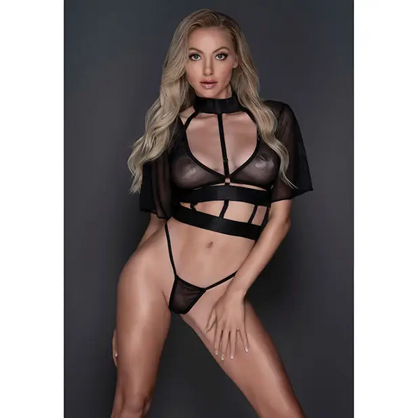 Adore Dreamer Sheer Mesh Strappy Top & Thong Black O/S - Lingerie - Packaged