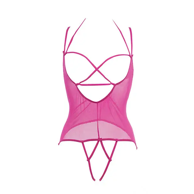 Allure Angelina Sheer Mesh Under Bust Teddy Hot Pink L/XL - Lingerie - Packaged