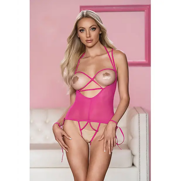Allure Angelina Sheer Mesh Under Bust Teddy Hot Pink S/M - Lingerie - Packaged