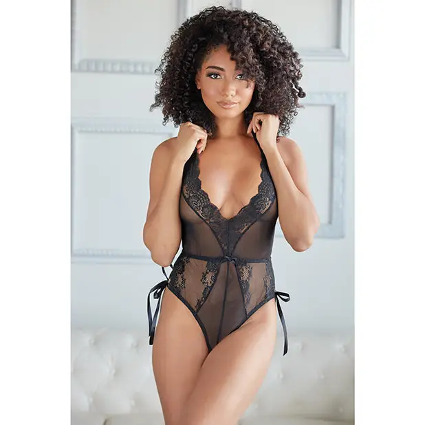 Allure Belle Lace & Mesh Tie Up Romper Black S/M - Lingerie - Hanging