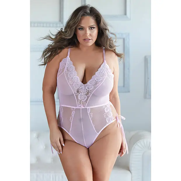 Allure Belle Lace & Mesh Tie Up Romper Pink 1X/2X - Lingerie - Plus/Queen - Hanging