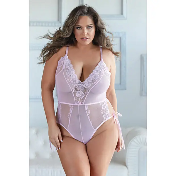 Allure Belle Lace & Mesh Tie Up Romper Pink 2X/3X - Lingerie - Plus/Queen - Hanging