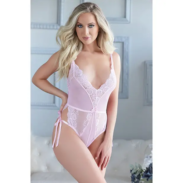 Allure Belle Lace & Mesh Tie Up Romper Pink L/XL - Lingerie - Hanging