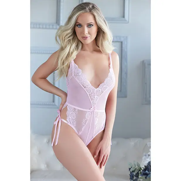 Allure Belle Lace & Mesh Tie Up Romper Pink L/XL - Lingerie - Hanging