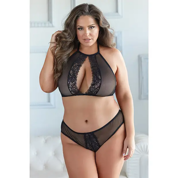 Allure Elise Halter Neck Top & Open Back Panty Black 1X/2X - Lingerie - Plus/Queen - Hanging