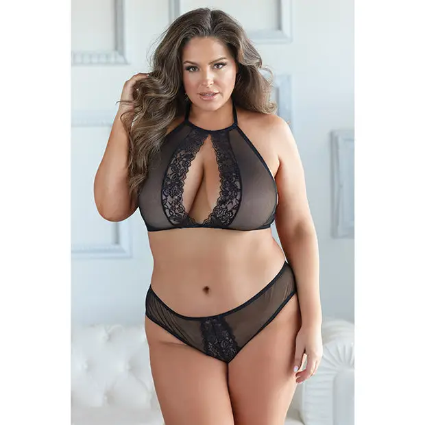 Allure Elise Halter Neck Top & Open Back Panty Black 1X/2X - Lingerie - Plus/Queen - Hanging