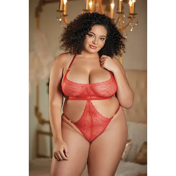 Allure Halter Ouverte Lace Teddy Black QN - Lingerie - Plus/Queen - Packaged