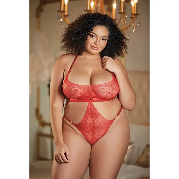 Allure Halter Ouverte Lace Teddy Black QN - Lingerie - Plus/Queen - Packaged