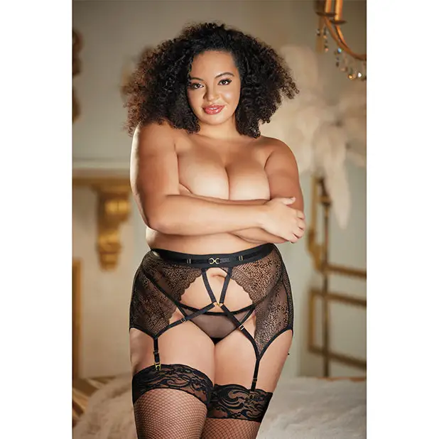 Allure High Waisted Lace Garter & G-String Black QN - Lingerie - Plus/Queen - Packaged