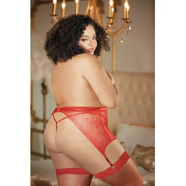 Allure High Waisted Lace Garter & G-String Red QN - Lingerie - Plus/Queen - Packaged