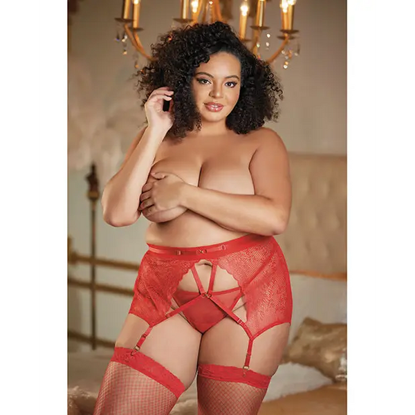 Allure High Waisted Lace Garter & G-String Red QN - Lingerie - Plus/Queen - Packaged