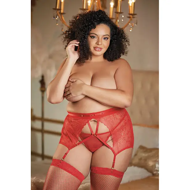 Allure High Waisted Lace Garter & G-String Red QN - Lingerie - Plus/Queen - Packaged
