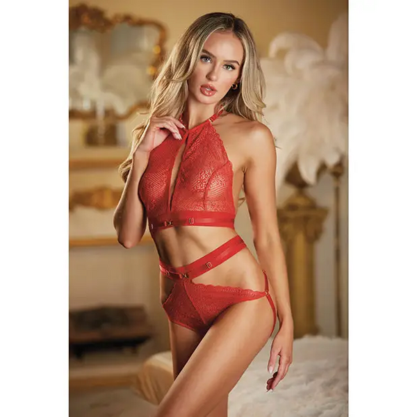 Allure Lace Halter Top & Backless Panty Red O/S - Lingerie - Packaged