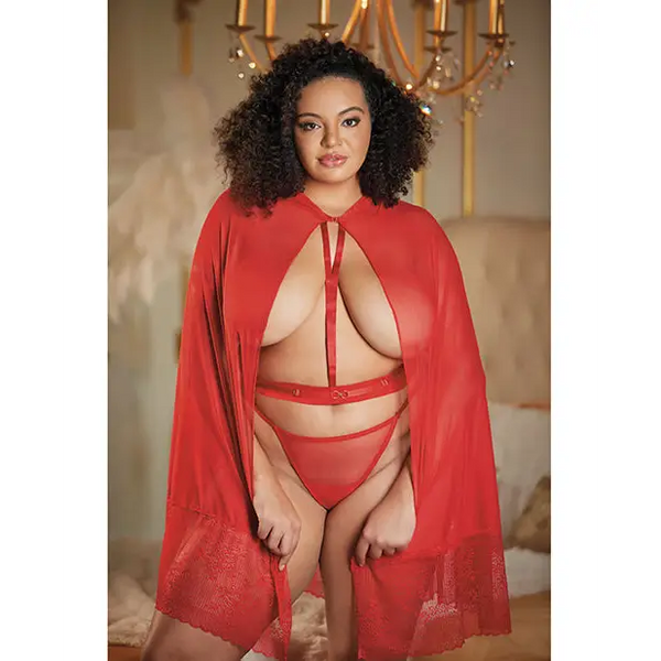 Allure Lace & Mesh Cape w/Attached Waist Belt (G-String NOT included) Red QN - Lingerie - Plus/Queen - Packaged
